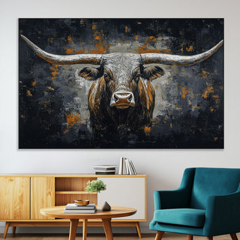 93195031-MGV-CV-36X24-Dark Longhorn Bull Wall Art – Western Steer Canvas Print, Moody Rustic Animal Painting for Man Cave, Ranch House, Office or Modern