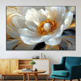 39604126-MGV-CV-36X24-Abstract Flower Wall Art – Elegant White and Gold Bloom Canvas Print, Modern Floral Artwork for Bedroom, Living Room, or Office
