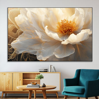 29539087-MGV-CV-36X24-Floral Wall Art – Elegant White and Gold Bloom Canvas Print, Romantic Modern Flower Artwork for Bedroom, Living Room, or Office