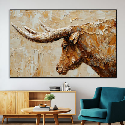 69611428-MGV-CV-36X24-Longhorn Bull Wall Art – Rustic Western Canvas Print, Textured Farmhouse Cattle Painting for Living Room, Office, or Ranch House