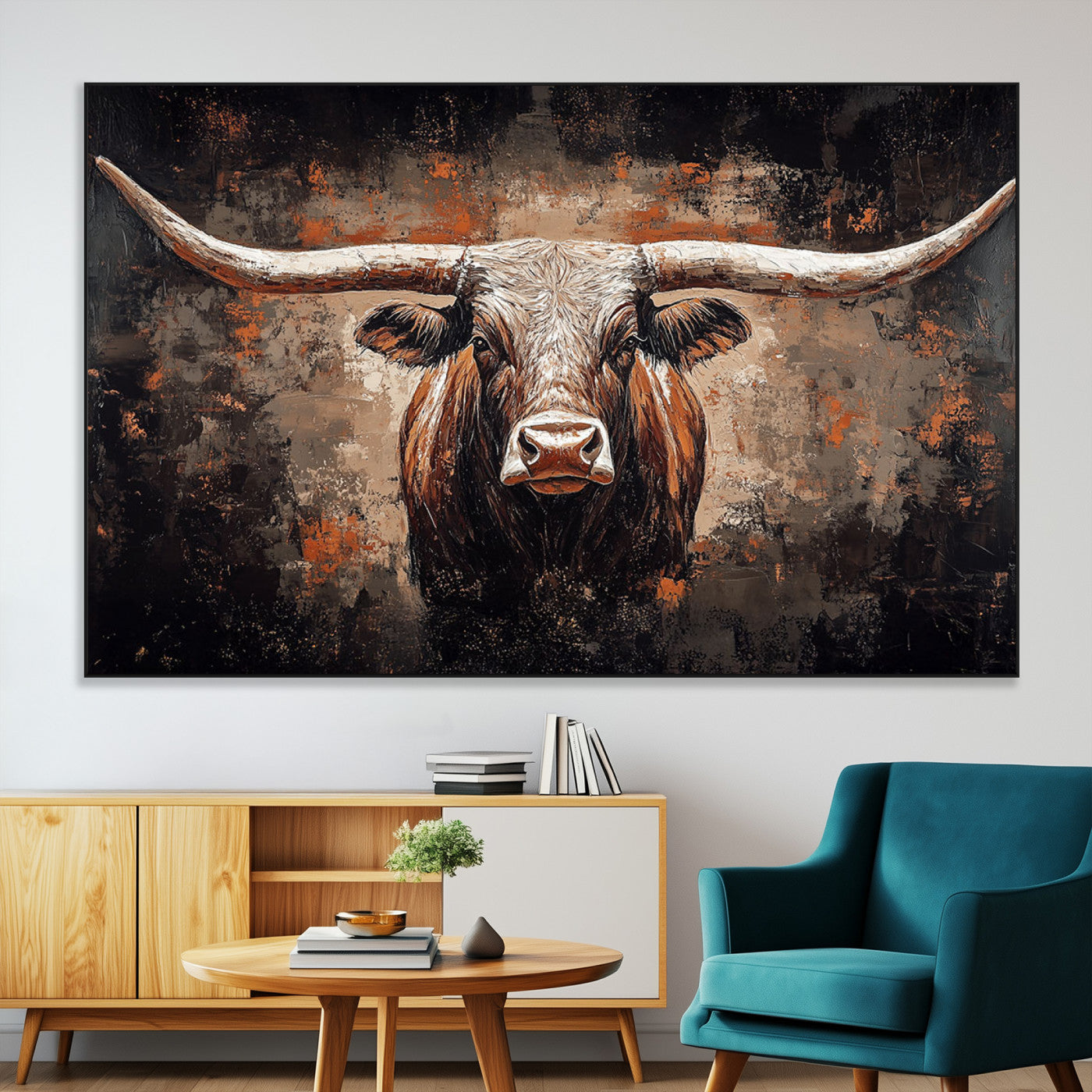 24779067-MGV-CV-36X24-Longhorn Bull Wall Art – Western Rustic Canvas Print, Bold Cowboy Cattle Painting for Ranch House, Farmhouse, Office, or Living