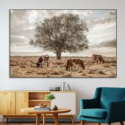 87590224-MGV-CV-36X24-Longhorn Cattle Wall Art – Rustic Western Landscape Canvas Print, Texas Farmhouse Prairie Scene for Living Room, Office, or Ranch