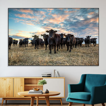 13867292-MGV-CV-36X24-Black Cattle Wall Art – Rustic Ranch Herd Canvas Print, Western Farmhouse Country Landscape Decor for Living Room, Office, or
