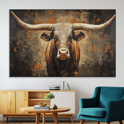 19204445-MGV-CV-36X24-Texas Longhorn Bull Wall Art – Rustic Western Canvas Print, Bold Cowboy Cattle Painting for Ranch House, Farmhouse, Office, or