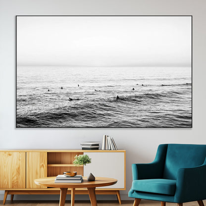 47208268-MGV-CV-36X24-Surfer Ocean Wall Art – Black and White Coastal Canvas Print, Minimalist Surfing Seascape Decor for Living Room, Bedroom, or Beach
