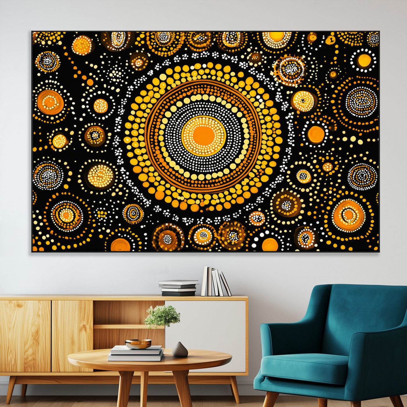 45478523-MGV-CV-36X24-Abstract Circle Wall Art – Bold Black and Gold Dot Painting Canvas Print, Modern Geometric Mandala Style Decor for Living Room or