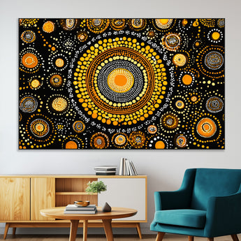 45478523-MGV-CV-36X24-Abstract Circle Wall Art – Bold Black and Gold Dot Painting Canvas Print, Modern Geometric Mandala Style Decor for Living Room or