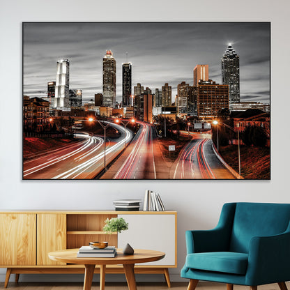 59097239-MGV-CV-36X24-City Skyline Wall Art – Modern Black and White Night Canvas Print with Red Light Trails, Urban Landscape Decor for Living Room or