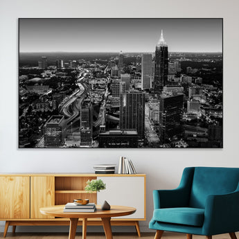 46578567-MGV-CV-36X24-Atlanta Skyline Wall Art – Black and White Cityscape Canvas Print, Modern Urban Night Decor for Office, Living Room, or Apartment