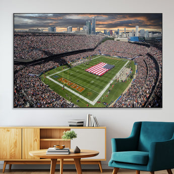 98106777-MGV-CV-36X24-Soldier Field Wall Art – Chicago Bears Stadium Canvas Print with American Flag, Game Day Football Decor for Man Cave, Bar, or