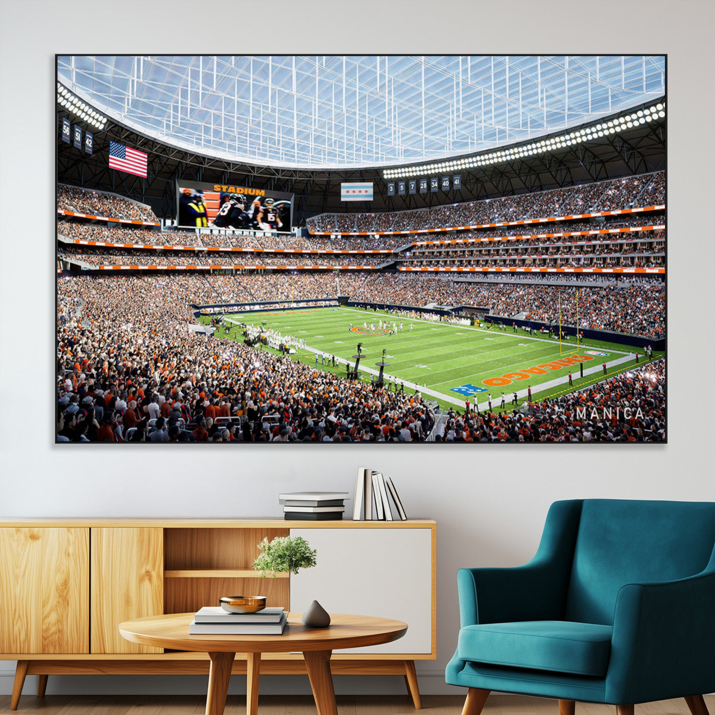32530647-MGV-CV-36X24-Chicago Bears Stadium Wall Art – Futuristic Dome Arena Canvas Print, Modern Football Concept Design Decor for Man Cave, Bar, or