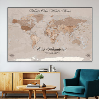 95243244-MGV-CV-36X24-Wander Often Wonder Always World Map Wall Art – Neutral Beige Adventure Canvas Print, Rustic Boho Travel Decor for Bedroom, Living