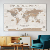 63516865-MGV-CV-36X24-Explore Dream Discover World Map Wall Art – Inspirational Travel Adventure Canvas Print, Neutral Parchment Style Explorer Decor