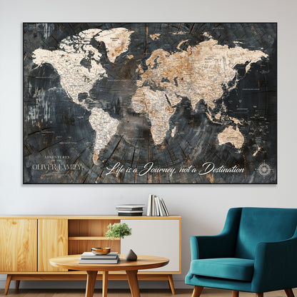 37848568-MGV-CV-36X24-Life is a Journey Not a Destination World Map Rustic Wood Texture Vintage Beige Navy Adventure Wall Art Canvas Print for Home