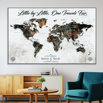 88337180-MGV-CV-36X24-Little by Little One Travels Far Tolkien Quote World Map Rustic Black Brown Adventure Wall Art Canvas Print for Home Office Living