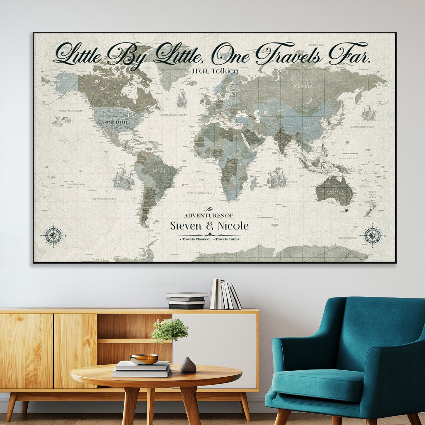 10693204-MGV-CV-36X24-Little By Little One Travels Far Tolkien Quote Blue Green World Map Adventure Wall Art Canvas Print Rustic Wanderlust Travel Decor