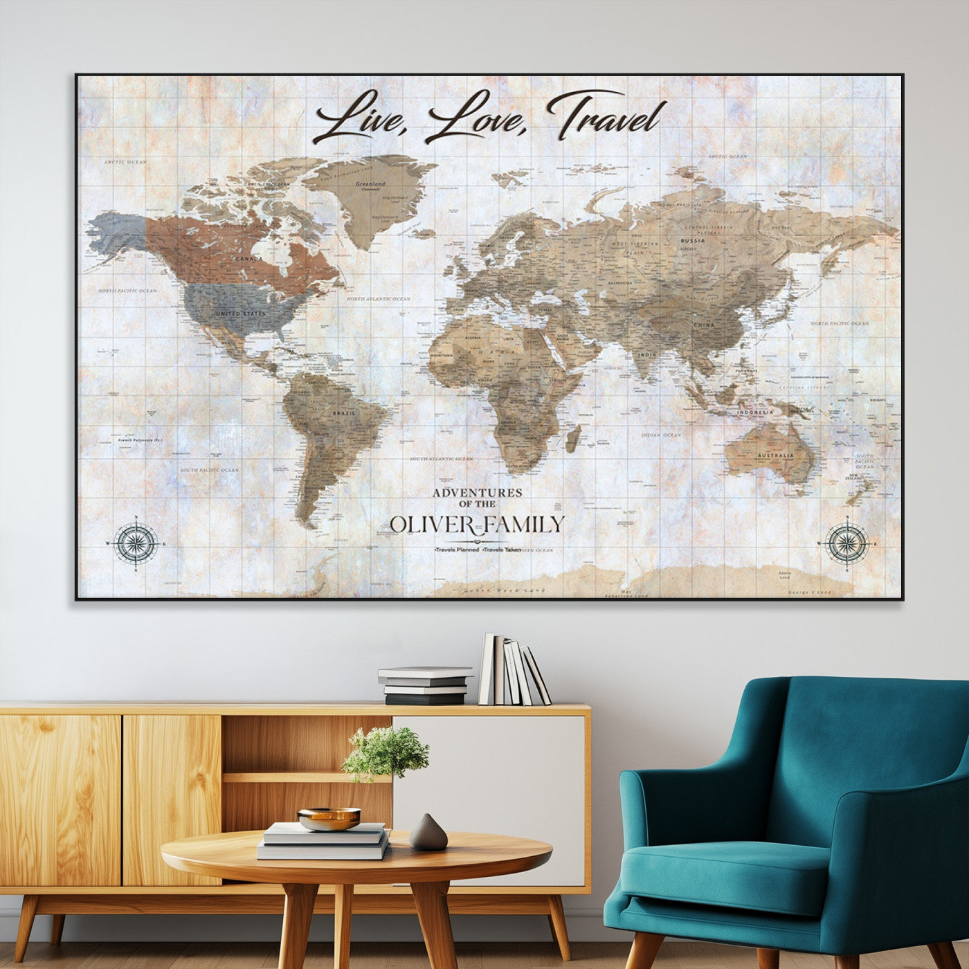 43924907-MGV-CV-36X24-Live Love Travel Wall Art – Neutral World Map Canvas Print, Rustic Adventure Decor for Home, Office or Living Room, Unique Gift