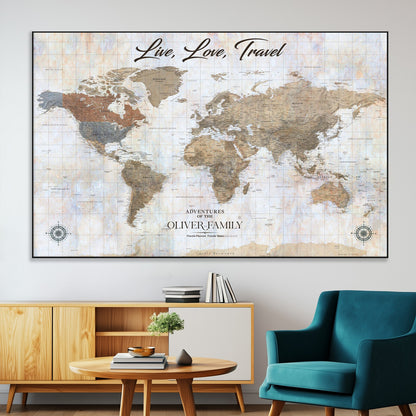 43924907-MGV-CV-36X24-Live Love Travel Wall Art – Neutral World Map Canvas Print, Rustic Adventure Decor for Home, Office or Living Room, Unique Gift