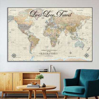 19479008-MGV-CV-36X24-Live Love Travel Wall Art – Detailed World Map Canvas Print, Adventure Decor for Living Room, Office or Bedroom, Travel Gift for