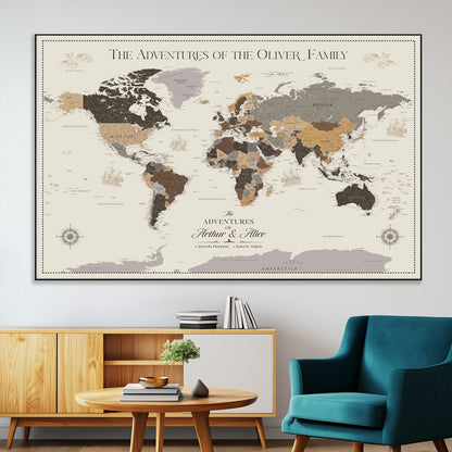 38723540-MGV-CV-36X24-Adventures of the Oliver Family Wall Art – Earth Tone World Map Canvas Print, Minimalist Travel Decor for Living Room, Bedroom or