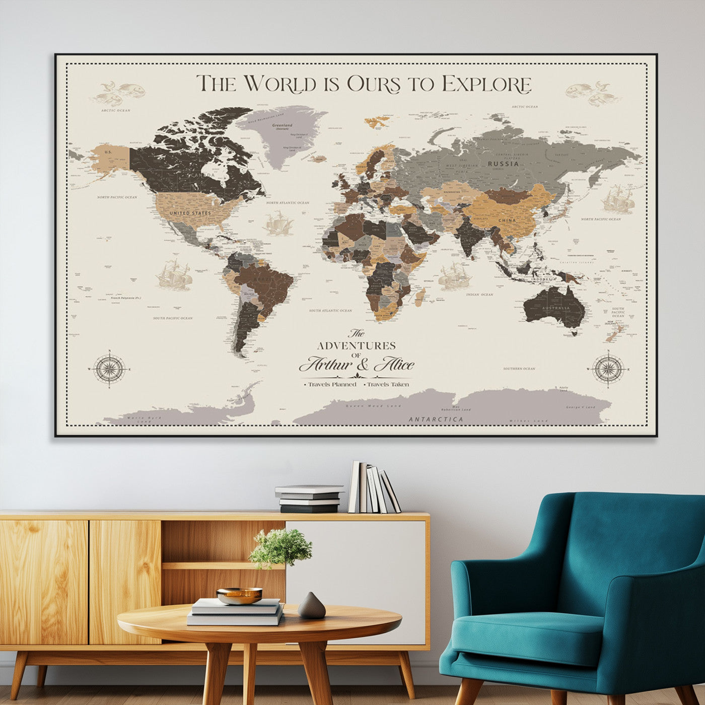 90024882-MGV-CV-36X24-The World is Ours to Explore Wall Art – Earth Tone World Map Canvas Print, Adventure Travel Decor for Living Room, Office or