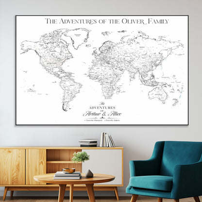 21029247-MGV-CV-36X24-Minimalist World Map Wall Art – Black and White Travel Adventure Print, Modern Family Travel Map Decor for Living Room, Bedroom,