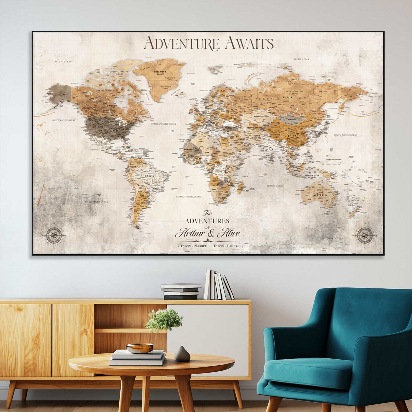 99422096-MGV-CV-36X24-Adventure Awaits World Map Wall Art – Neutral Beige Canvas Print, Modern Travel Inspired Wall Decor for Living Room, Bedroom or