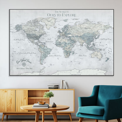 94249974-MGV-CV-36X24-Ours Explore World Map Wall Art – Modern Travel Canvas Print, Neutral Adventure Decor for Living Room, Office, Study, Bedroom,