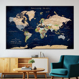 43160428-MGV-CV-36X24-Adventure Awaits Navy Blue World Map – Vibrant Travel Canvas Wall Art, Antique Atlas Print, Wanderlust Decor for Home Office