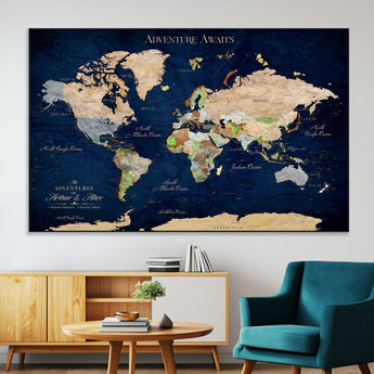 43160428-MGV-CV-36X24-Adventure Awaits Navy Blue World Map – Vibrant Travel Canvas Wall Art, Antique Atlas Print, Wanderlust Decor for Home Office
