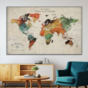 23738379-MGV-CV-36X24-Personalized Colorful Push Pin World Map Canvas – Custom Framed Travel Tracker Wall Art for Home, Office