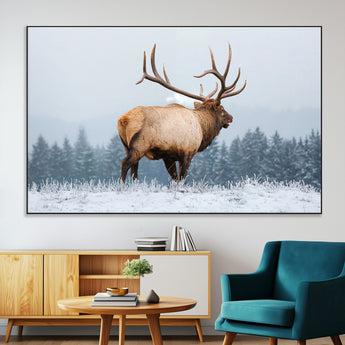 85177251-MGV-CV-36X24-Elk Wall Art – Majestic Wildlife Canvas Print of Bull Elk Snowy Forest, Rustic Nature Decor for Living Room, Cabin, or Office