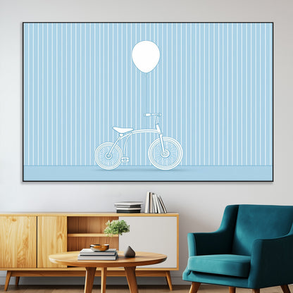 56479838-MGV-CV-36X24-Bicycle Wall Art – Minimalist Blue Canvas Print with Balloon Illustration, Modern Decor Artwork for Kids Room, Nursery, or Living