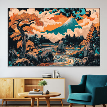 21638941-MGV-CV-36X24-Japanese Landscape Wall Art – Mount Fuji and Flowing River Ukiyo-e Style Canvas Print, Traditional Japan Inspired Artwork for
