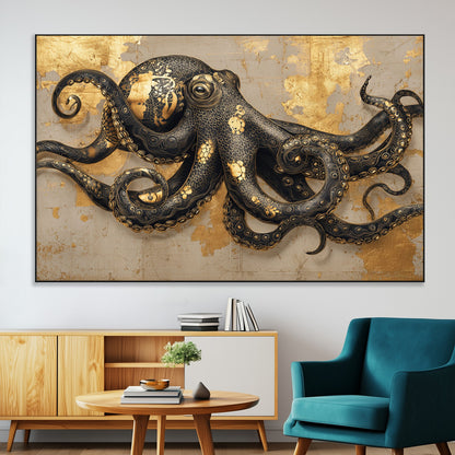 57944271-MGV-CV-36X24-Octopus Wall Art – Black and Gold Nautical Canvas Print, Modern Ocean Inspired Artwork with Elegant Detailing, Coastal Marine