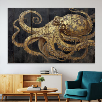 47056538-MGV-CV-36X24-Octopus Wall Art – Gold Nautical Canvas Print with Rustic Wood Texture, Marine Creature Artwork for Coastal Ocean Decoration in