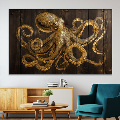 56769669-MGV-CV-36X24-Octopus Wall Art – Gold Nautical Canvas Print with Rustic Wood Panel Design, Detailed Marine Artwork for Coastal Ocean Decoration
