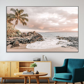 18005328-MGV-CV-36X24-Tropical Beach Wall Art – Coastal Ocean Canvas Print with Palm Tree, Sunset Sky and Rocky Shore, Serene Seascape Photography for