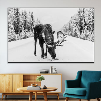 38956835-MGV-CV-36X24-Moose Wall Art – Black and White Wildlife Canvas Print with Snowy Forest Road, Rustic Nature Photography for Cabin, Lodge, Living