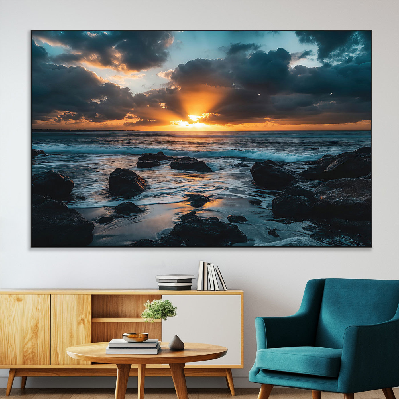 66040852-SEG-FC-51X34_Oversize-Ocean Sunset Canvas Wall Art – Rocky Shore Waves, Dramatic Clouds, Golden Sun Rays, Coastal Nature, Serene Water Reflection for