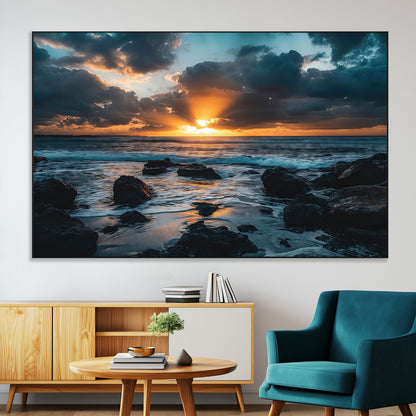 66040852-SEG-FC-51X34_Oversize-Ocean Sunset Canvas Wall Art – Rocky Shore Waves, Dramatic Clouds, Golden Sun Rays, Coastal Nature, Serene Water Reflection for