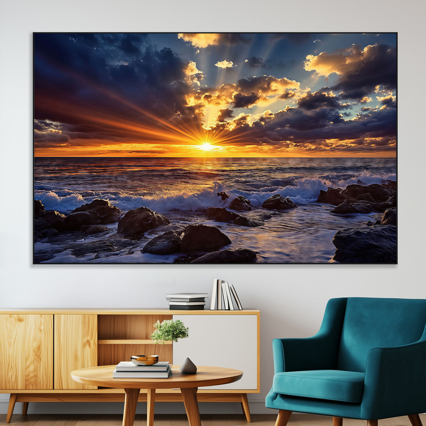 35900590-SEG-FC-51X34_Oversize-Sunset Ocean Waves Canvas Wall Art – Rocky Shore, Dramatic Sky, Golden Sun Rays, Coastal Beauty, Serene Water Motion for Living