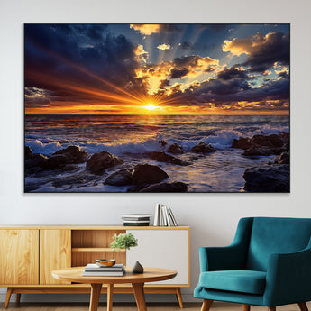 35900590-SEG-FC-51X34_Oversize-Sunset Ocean Waves Canvas Wall Art – Rocky Shore, Dramatic Sky, Golden Sun Rays, Coastal Beauty, Serene Water Motion for Living