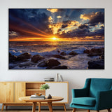 35900590-MGV-CV-36X24-Ocean Sunset Wall Art – Vivid Seascape Canvas Print with Sunburst Sky, Crashing Waves and Rocky Shore, Dramatic Coastal