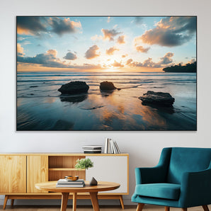 23879436-MGV-CV-36X24-Ocean Sunset Wall Art – Serene Seascape Canvas Print with Golden Sky, Reflections on Sand and Calm Waves, Peaceful Coastal