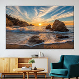 85659923-SEG-FC-51X34_Oversize-Rocky Ocean Sunset Canvas Wall Art – Seaside Dramatic Seascape Print, Coastal Modern Decor, Ocean Sunset Art for Living Room or
