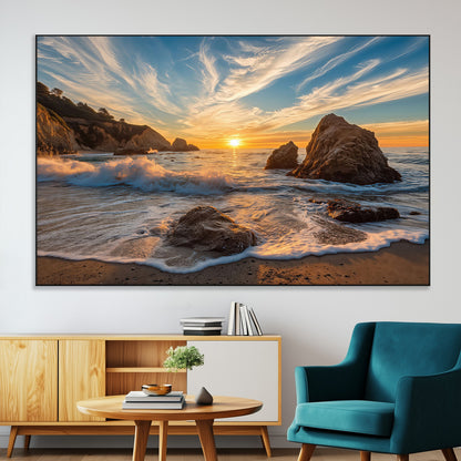 85659923-MGV-CV-36X24-Ocean Sunset Wall Art – Dramatic Seascape Canvas Print with Cliffs, Crashing Waves and Golden Sky, Bold Coastal Photography for