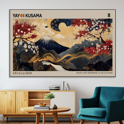 66892669-SEG-FC-51X34_Oversize-Yayoi Kusama Japanese Inspired Canvas Print – Mt. Fuji & Floral Scene Wall Art, Framed Asian Style Canvas for Home, Office or