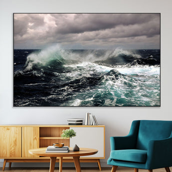38622353-MGV-CV-36X24-Ocean Wave Wall Art – Dramatic Seascape Canvas Print with Stormy Sky and Crashing Sea, Bold Coastal Photography for Living Room,