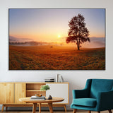 57919623-MGV-CV-36X24-Sunrise Landscape Wall Art – Golden Morning Canvas Print with Tree, Misty Hills and Open Field, Peaceful Nature Photography for